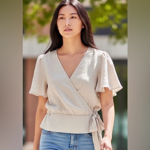 OLM Tops - OLM Flutter Sleeve Beige Mock Wrap V Neck Top